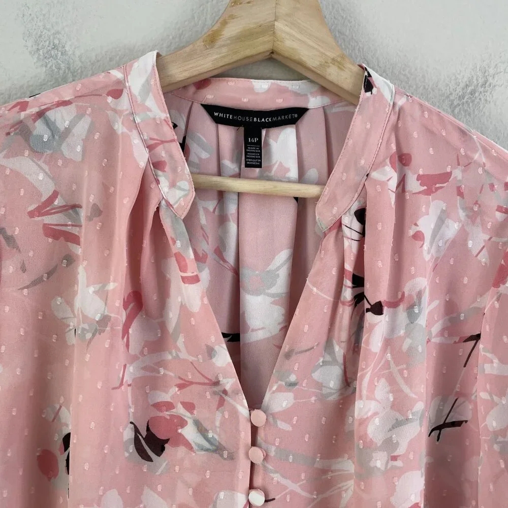 White House Black Market Womens 14‎ Petite Floral Blouse Long Sleeve V Neck Pink